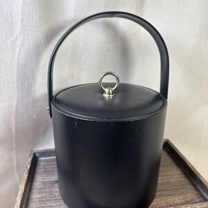 Vintage Black Faux Leather Ice Bucket‎ with Lid and Handle Mid Century Barware